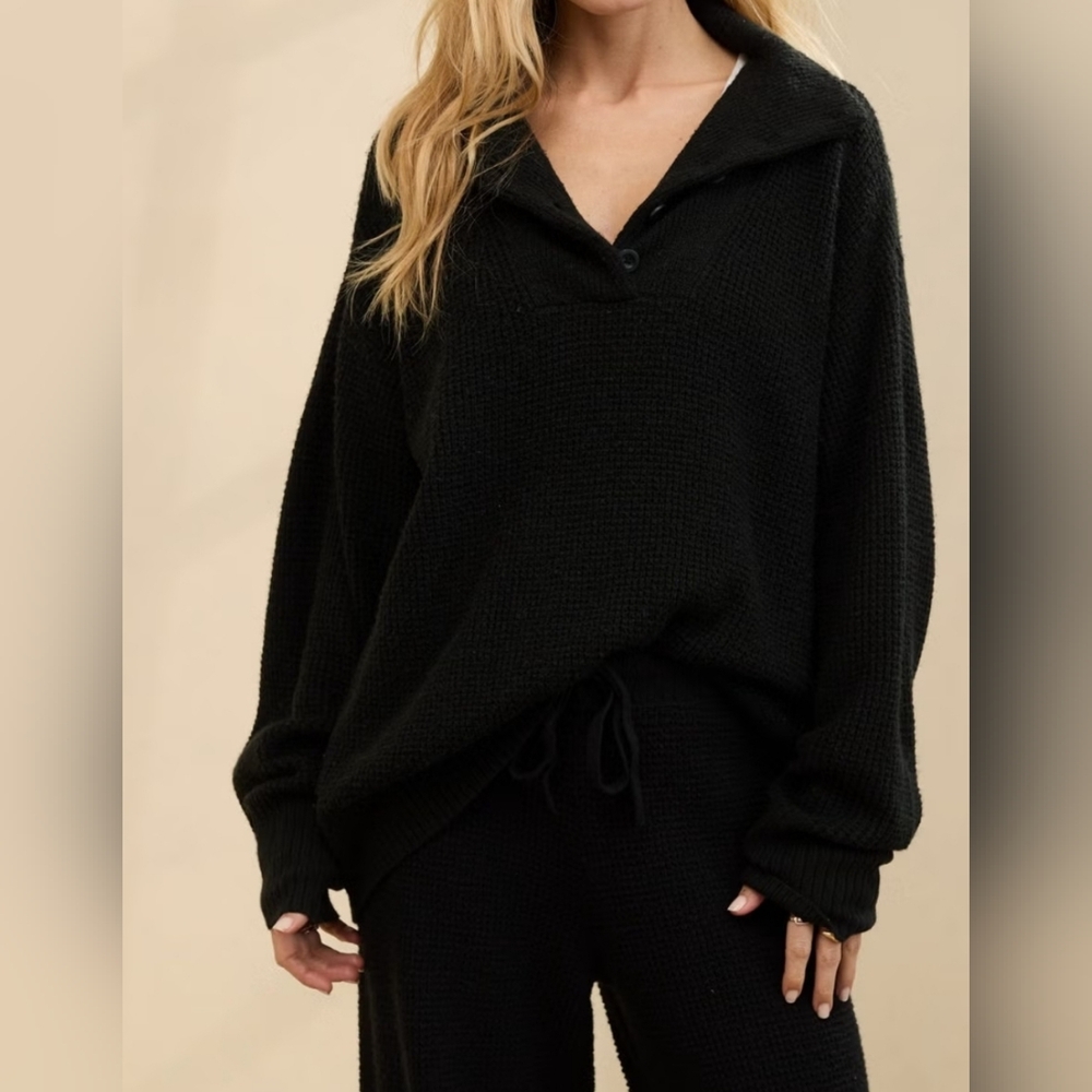 Aerie Oversized Black Knit Sweater Women’s Size S Cotton Blend Button Collar